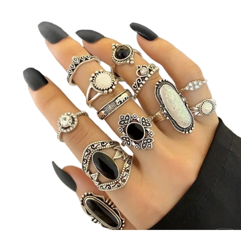 20 Pc Rings Bohemian Hippie stacking rings Boho Jewelry Blue Black Silver - Picture 4 of 7